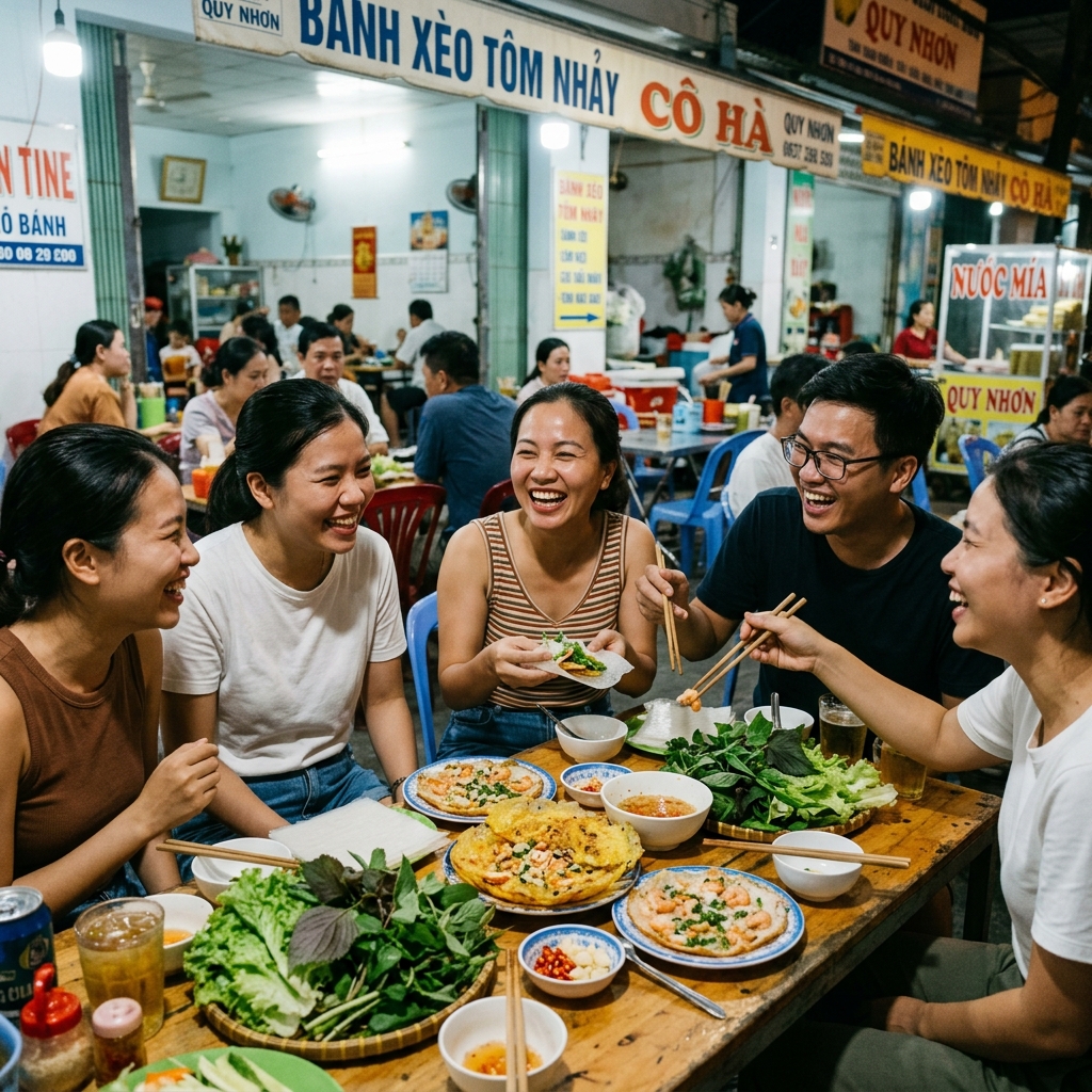 Ảnh chụp thực tế thực khách thưởng thức đặc sản Quy Nhơn
